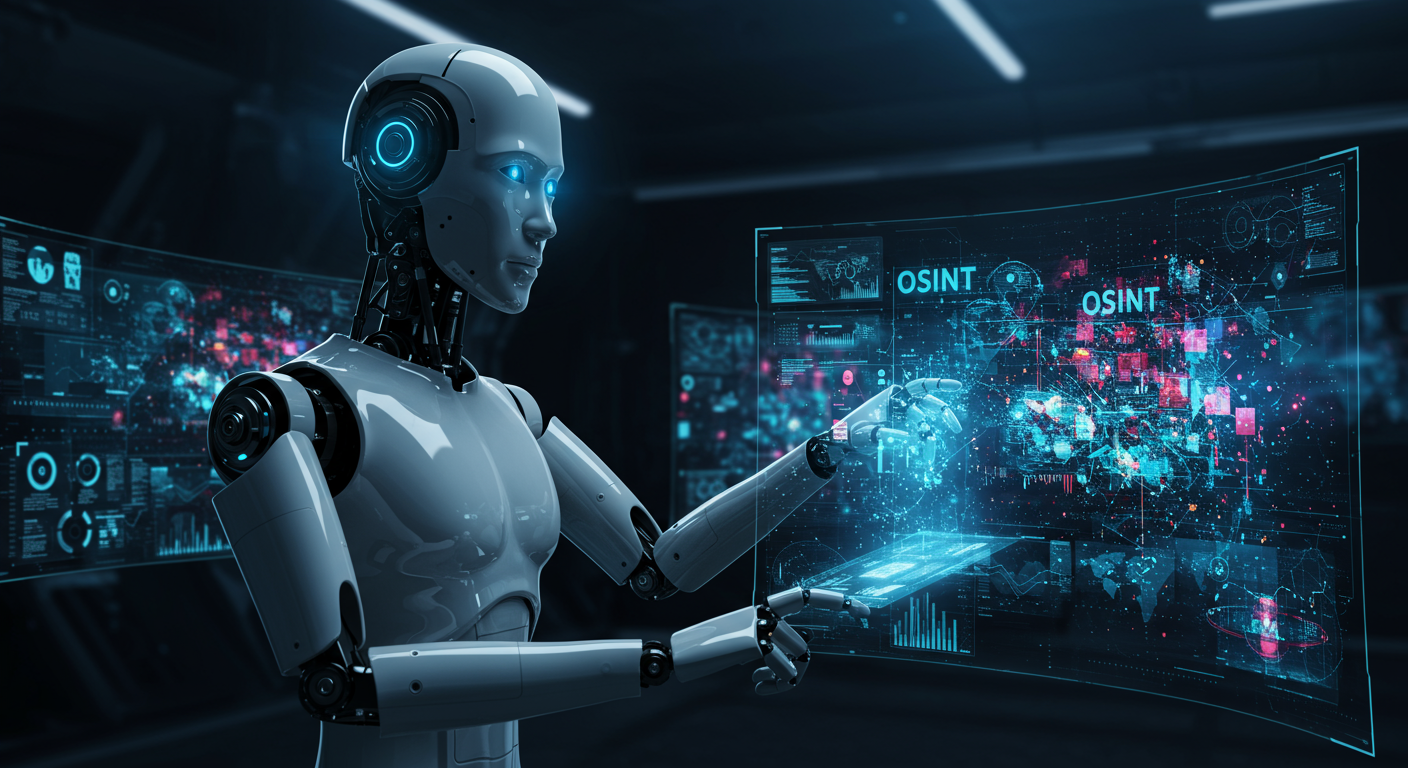 Futuristic AI robot analyzing data streams